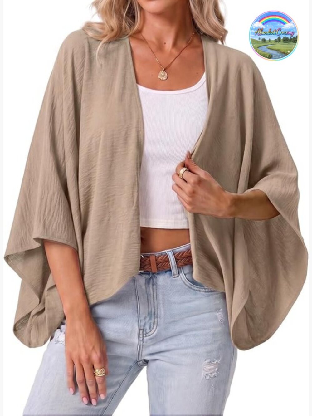 Women's Lightweight Cropped Open Front Cardigan Kimono Cover Up